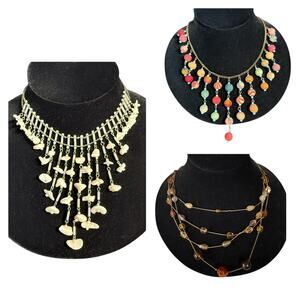 Lot of 3 Y2K Necklaces Tribal Cloth Beads Shells Muti Strand‎ Bib Collar Costume